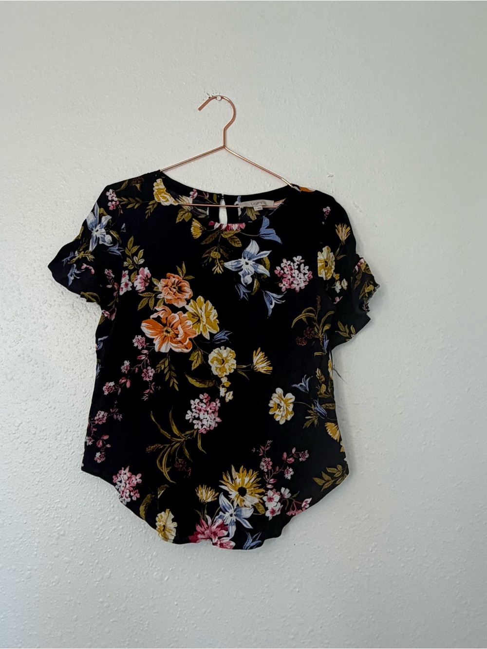 LOFT navy Floral Short Sleeve Blouse with Multicolor Blooms